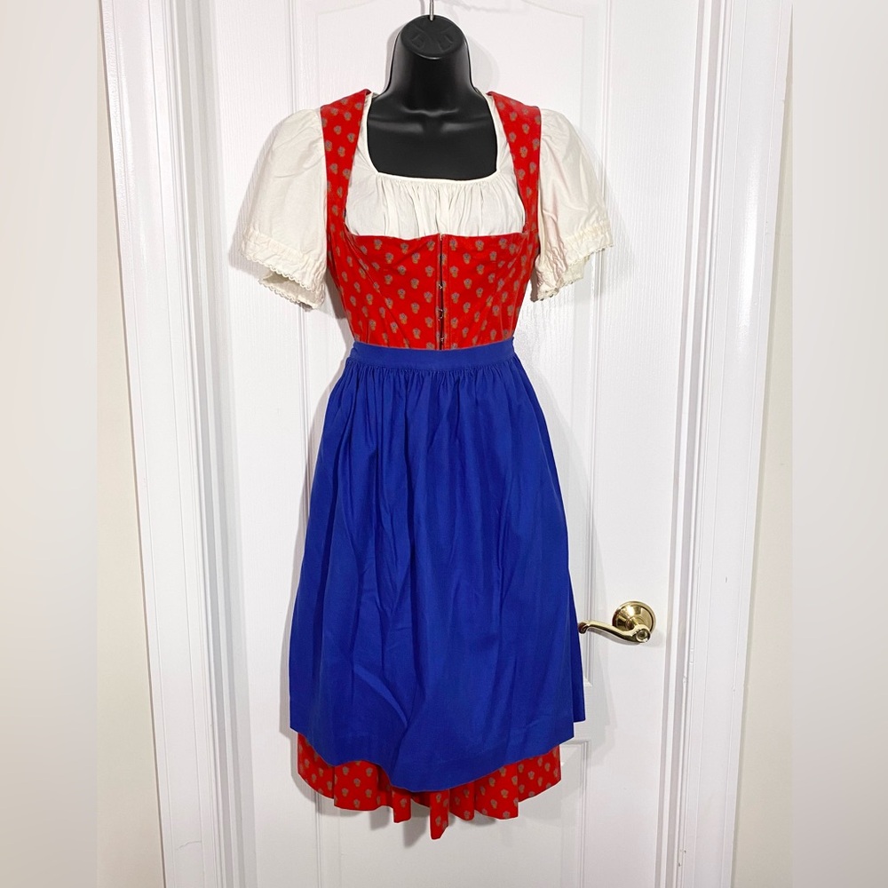 Vintage 3 Pc Original Lanz Austria Dirndl Trachten Dress Apron Blouse Red Sz 40